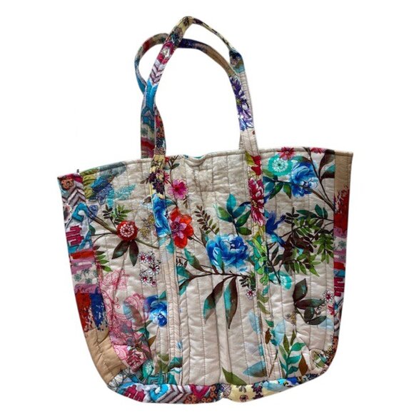 Johnny Was Dreamer Quilted Cotton Tote Bag Floral Handbag Cream Blue Purse NEW - Picture 1 of 4